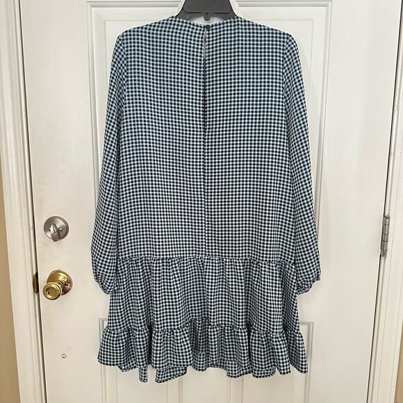 Topshop Blue Gingham Check Ruffled Long Sleeve Mini Dress Size 8 - Picture 3 of 6